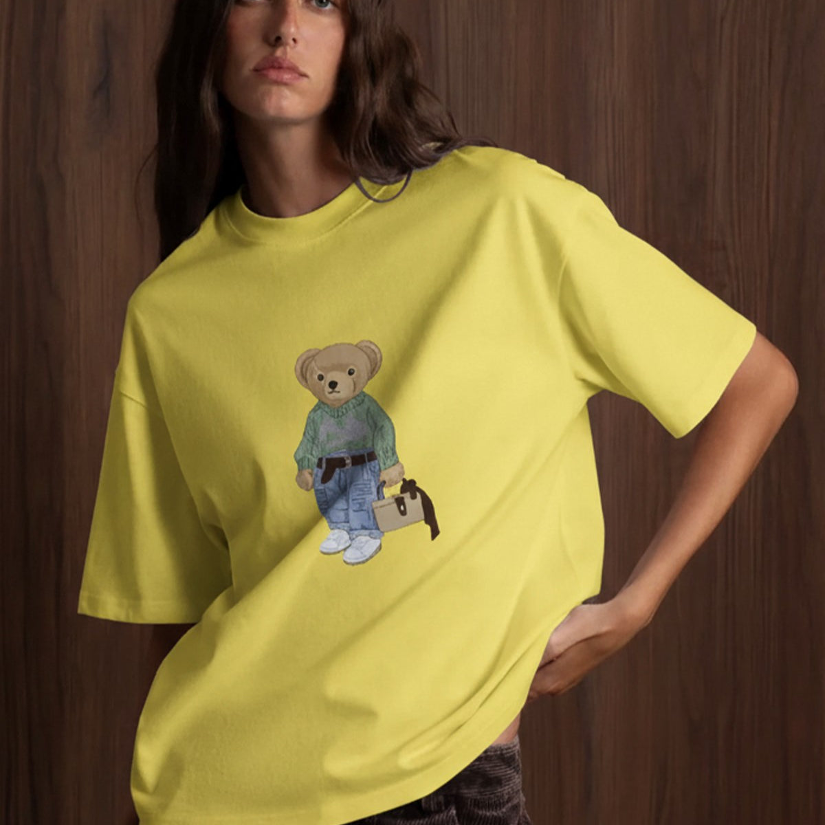 Kadın Oversize Tişört COZY Bear Baskılı Sarı – %100 Pamuk Compact Süprem 24/1