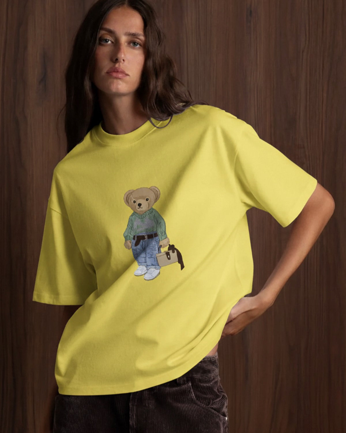 Kadın Oversize Tişört COZY Bear Baskılı Sarı – %100 Pamuk Compact Süprem 24/1