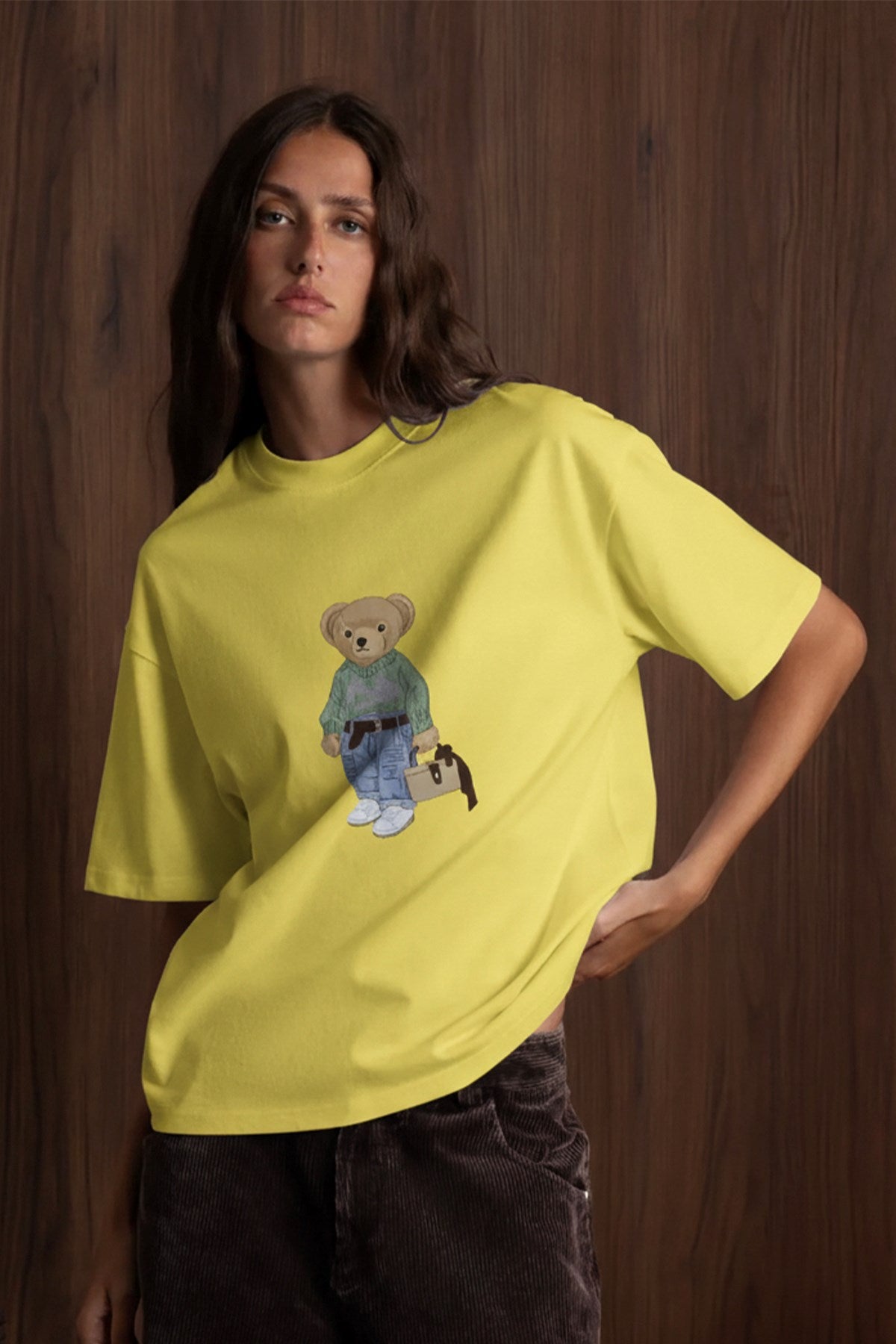 Kadın Oversize Tişört COZY Bear Baskılı Sarı – %100 Pamuk Compact Süprem 24/1