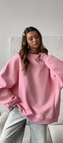 Kadın Oversize Sweatshirt Elbise Basic Pembe – Bisiklet Yaka, 3 İplik Şardonlu Polar