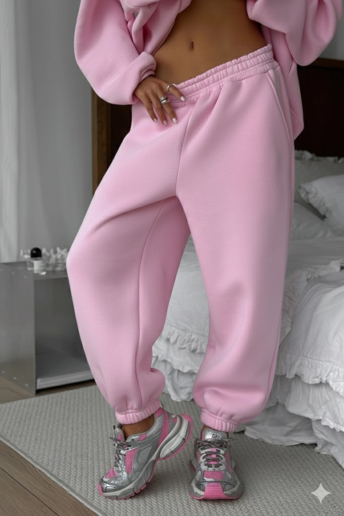 Kadın Oversize Sweat Elbise Eşofman Takımı Basic Pembe – Bisiklet Yaka, Lastikli Paça, 3 İplik Polar