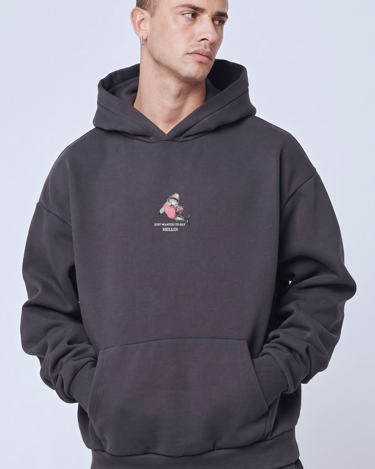Erkek Oversize Sweatshirt Hoodie Shark Hello Füme – Kapüşonlu, 3 İplik Polar, Kanguru Cepli