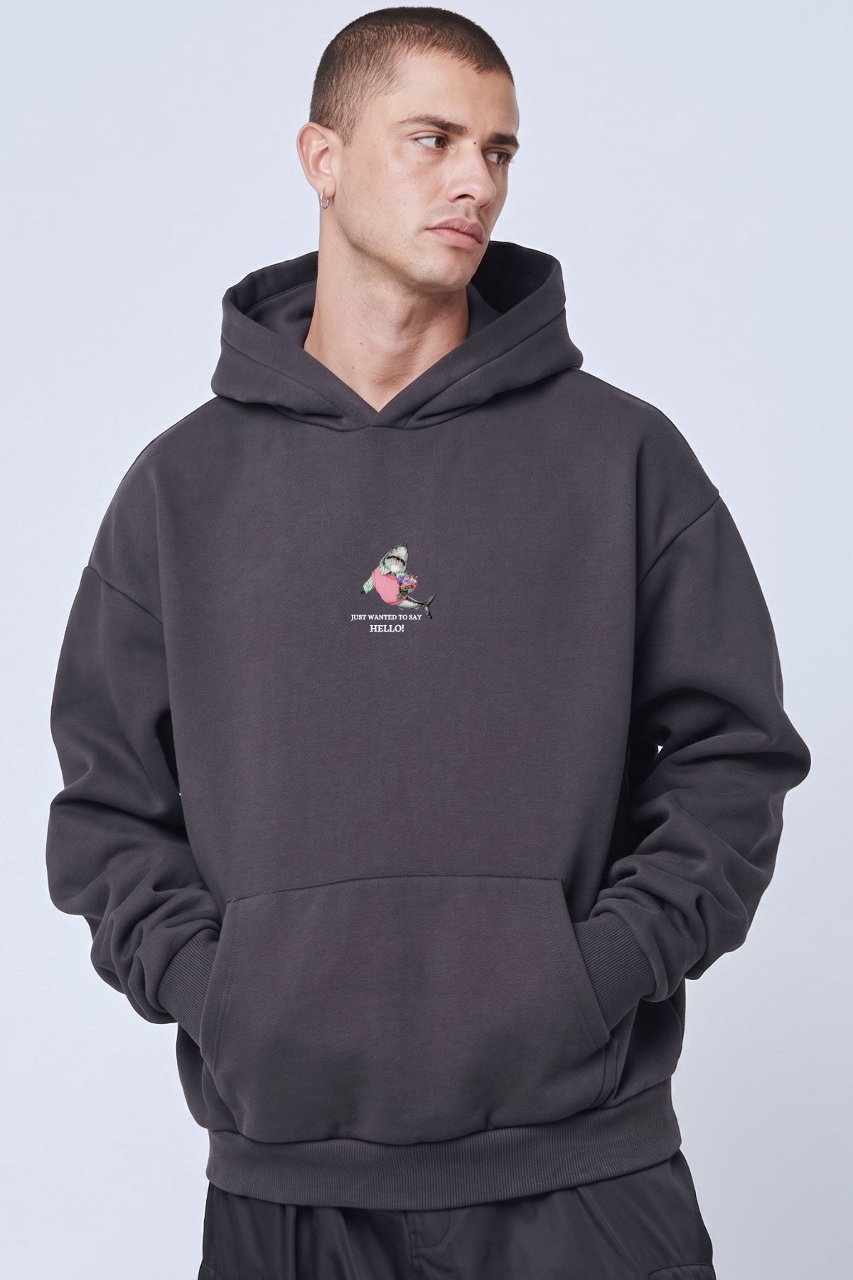 Erkek Oversize Sweatshirt Hoodie Shark Hello Füme – Kapüşonlu, 3 İplik Polar, Kanguru Cepli