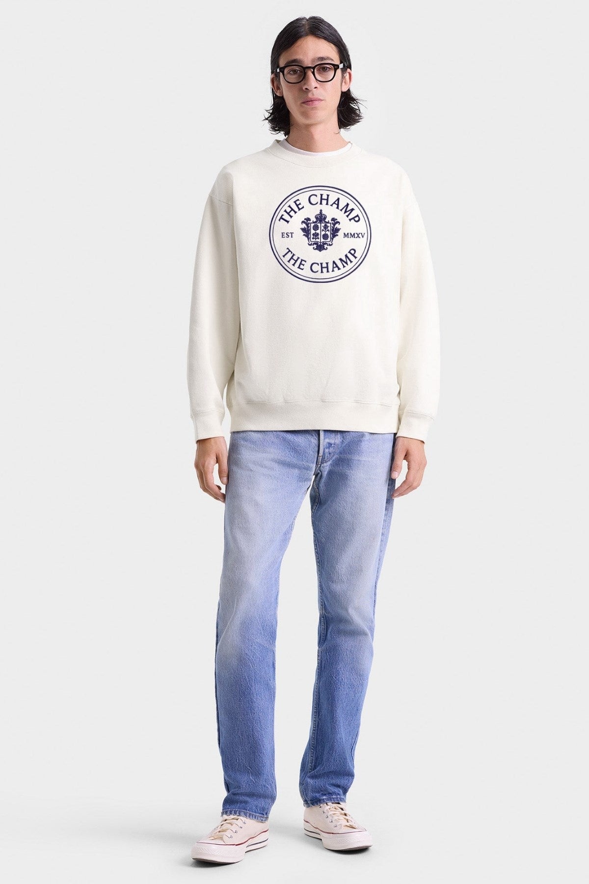 Unisex Ekru Sweatshirt – The Champ Armalı, Bisiklet Yaka, Şehir ve Üniversite Tarzı