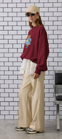 Kadın Oversize Sweatshirt Preppy Girl Bear Baskılı Bordo – Bisiklet Yaka, 3 İplik Şardonlu Polar