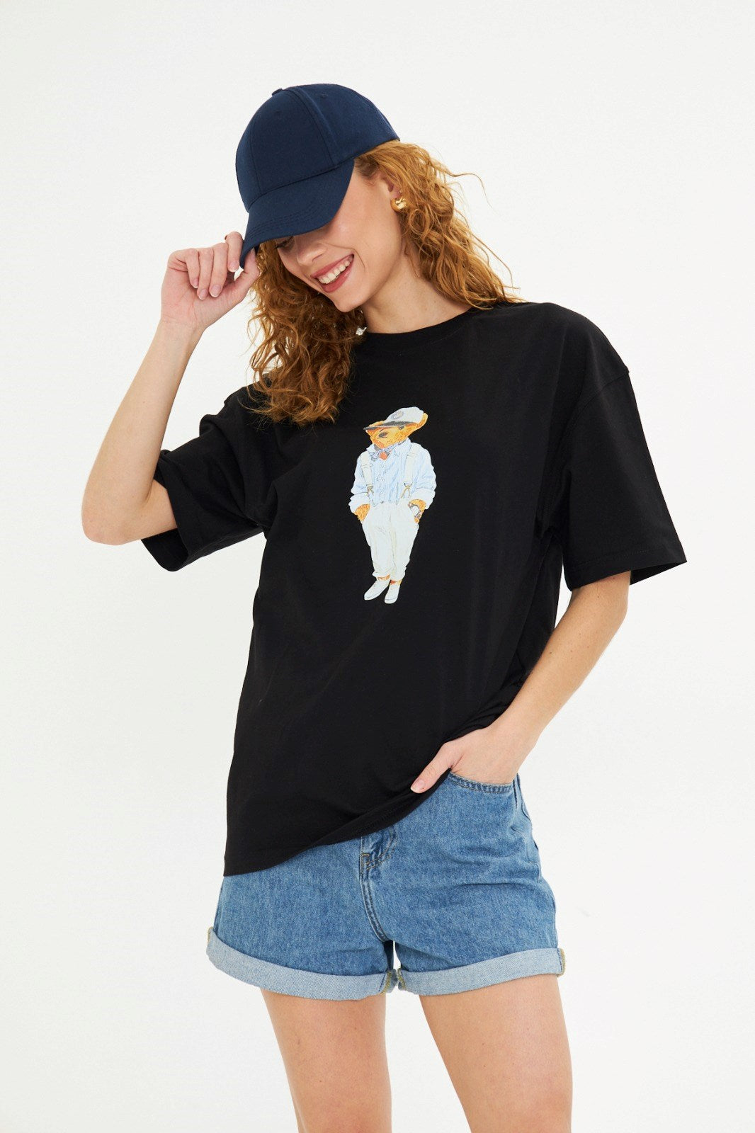 Unisex Siyah Ayıcık Baskılı Oversize Tişört Pamuklu Eğlenceli Çift Kombini Günlük Casual Model