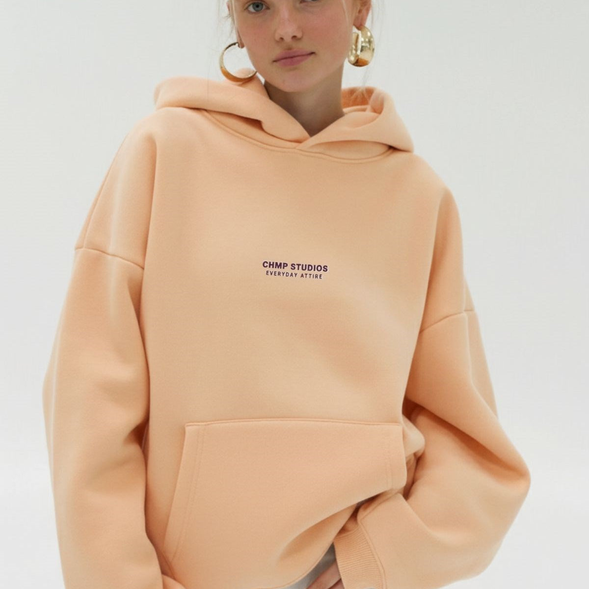 Kadın Oversize Sweatshirt Hoodie CHMP SUDIOS Turuncu – Kapüşonlu, 3 İplik , Kanguru Cepli