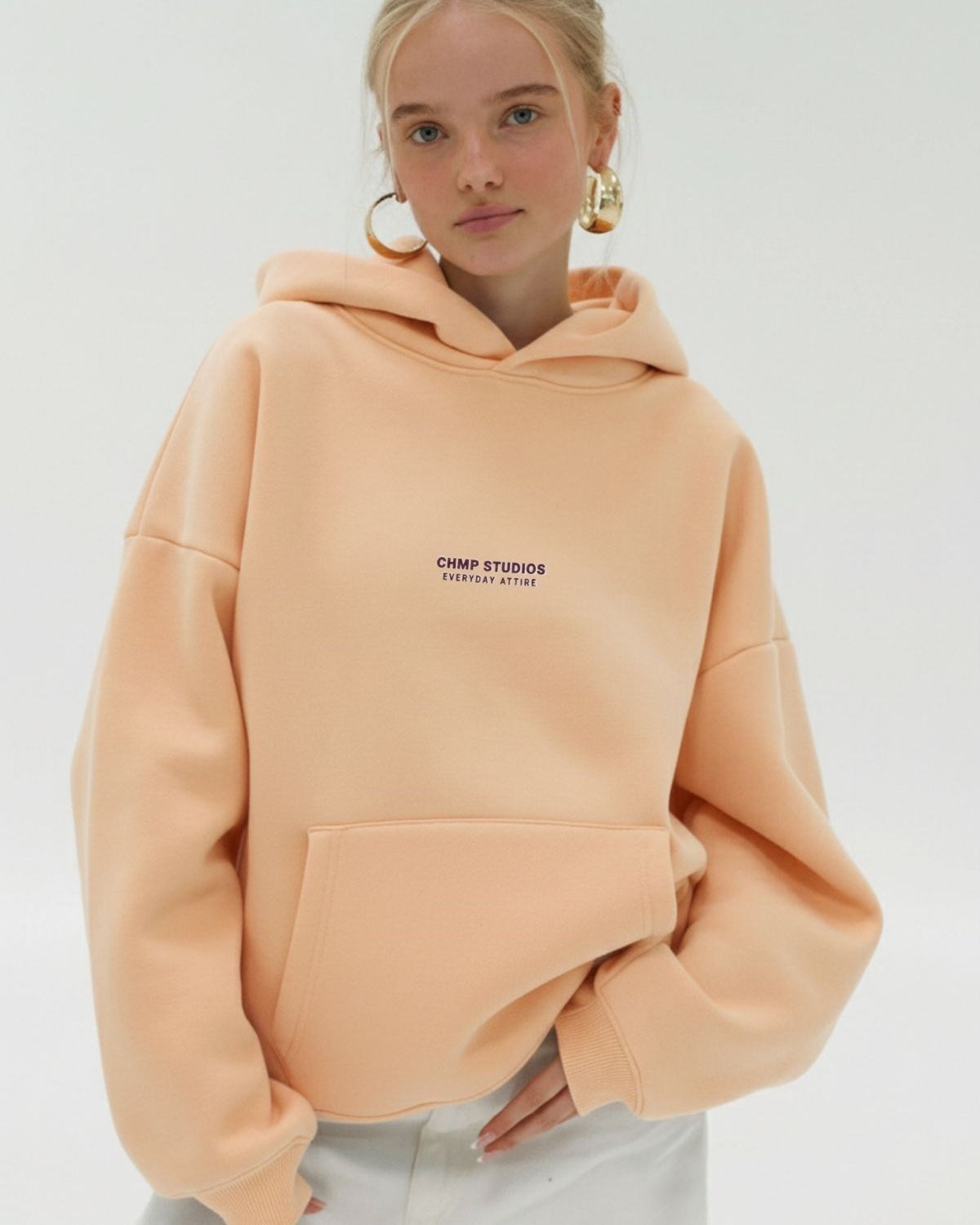 Kadın Oversize Sweatshirt Hoodie CHMP SUDIOS Turuncu – Kapüşonlu, 3 İplik , Kanguru Cepli