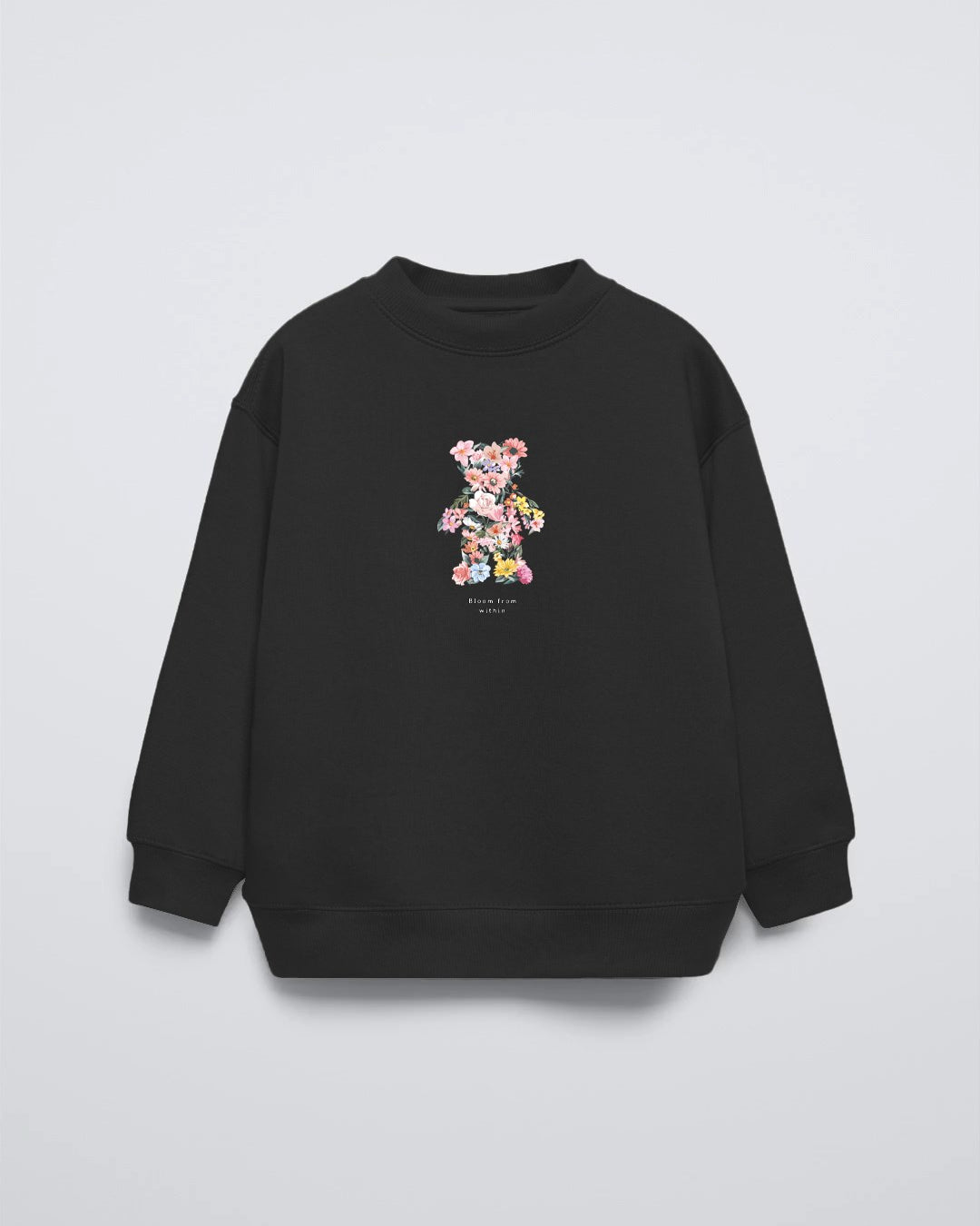Siyah Çocuk Çiçekli Ayıcık Baskılı Bisiklet Yaka Oversize Sweatshirt