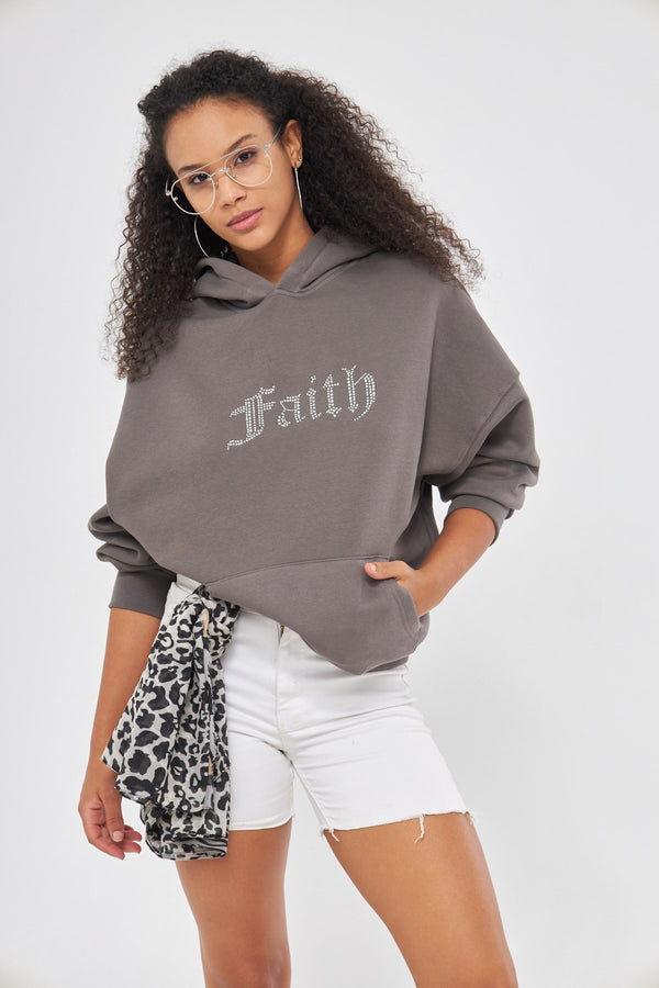 Faith Yazılı Taş Baskılı Kapüşonlu İçi Polar Oversize Füme Sweatshirt