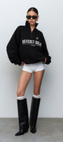 Kadın Siyah Beverly Hills Yazılı Fermuarlı Yarım Balıkçı Yaka Sweatshirt – Rahat Oversize