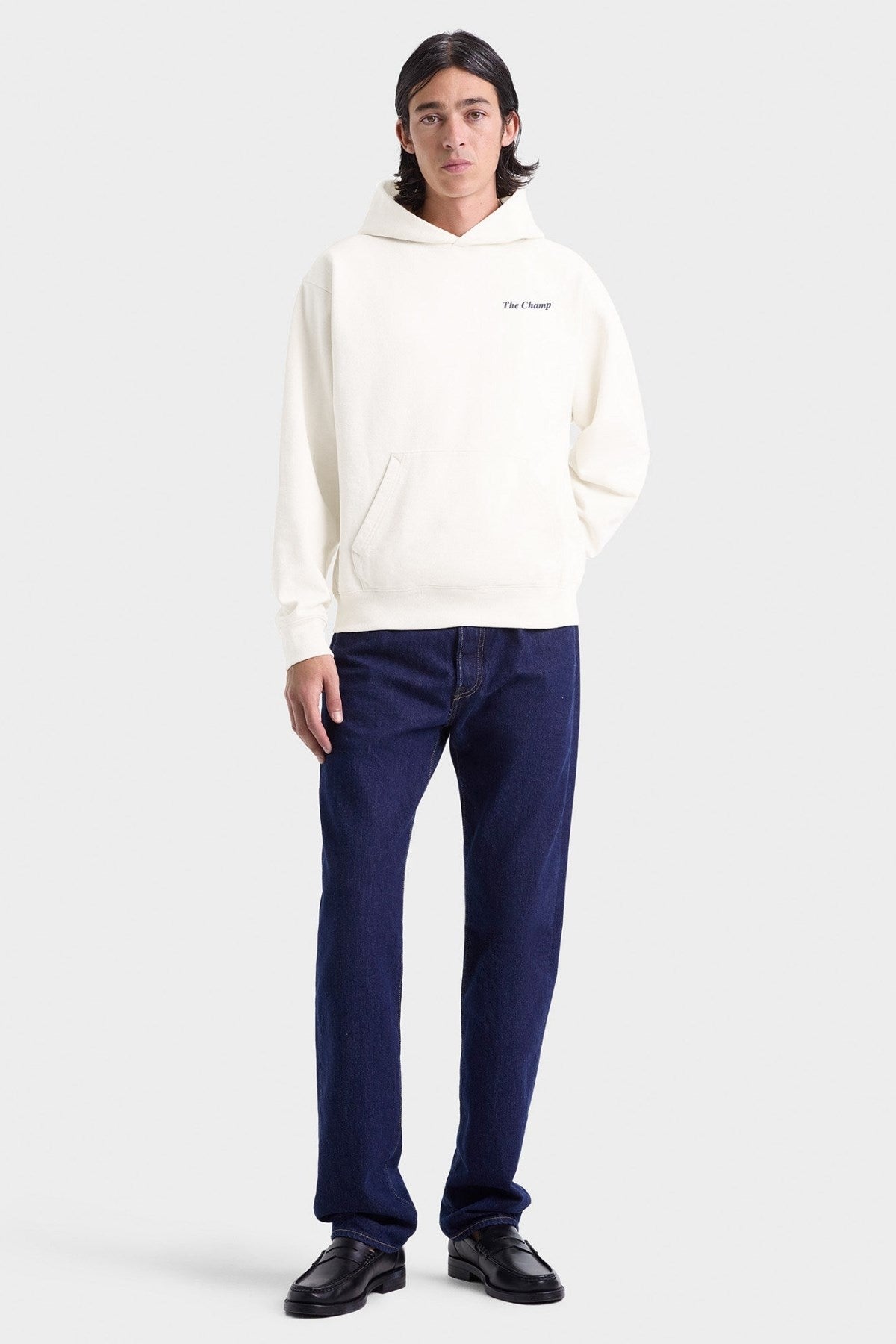 Unisex 3 İplik Şardonlu Ekru Kapüşonlu Sweatshirt – The Champ Baskılı, Armalı, Modern Şehir Modası