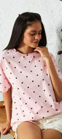 Kadın Oversize Tişört Polka Muse Puantiyeli Pembe – Bisiklet Yaka, Rahat Kalıp, %100 Pamuk