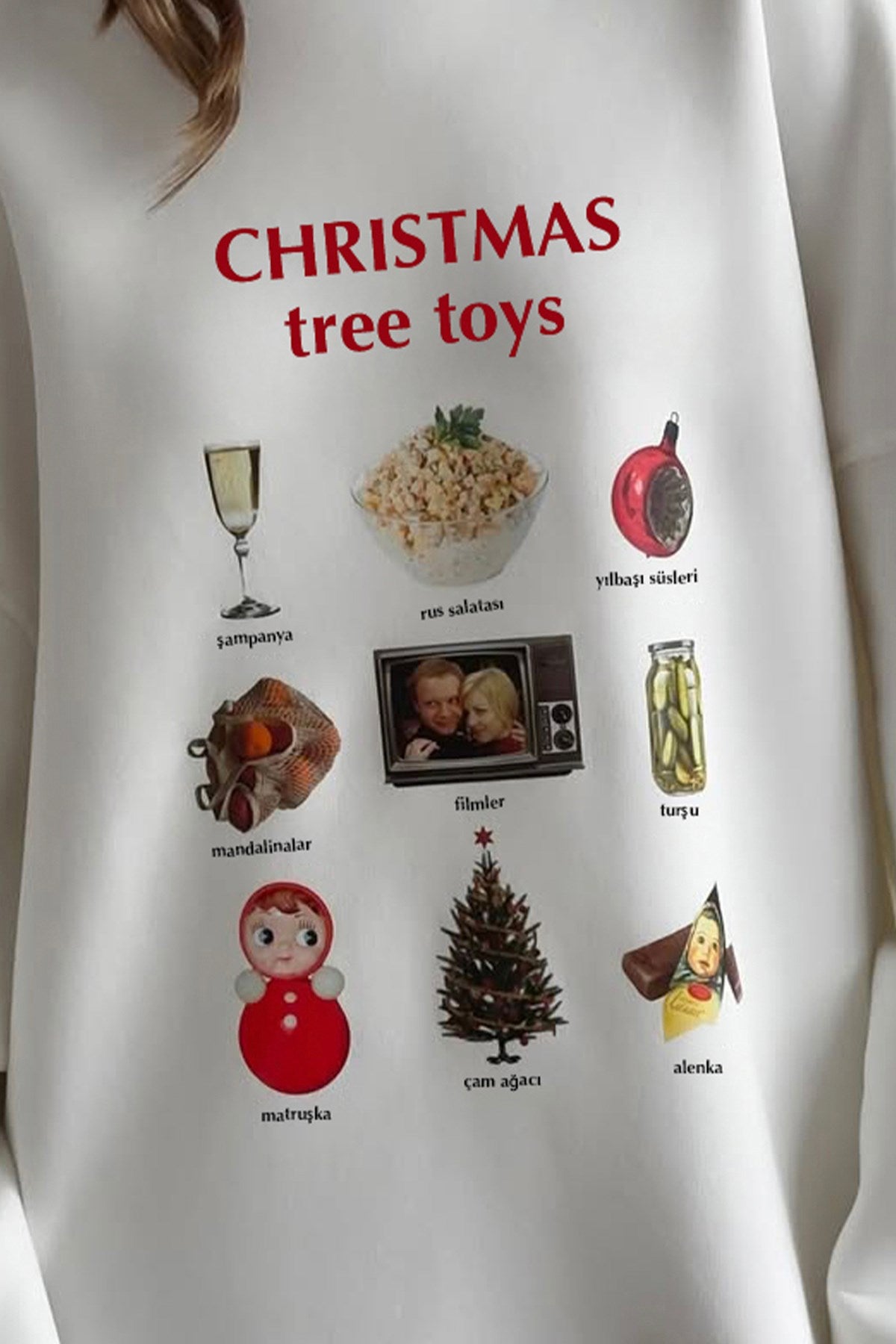 Kadın Oversize Sweatshirt Elbise Christmas Toys Baskılı Beyaz – Bisiklet Yaka, 3 İplik Polar