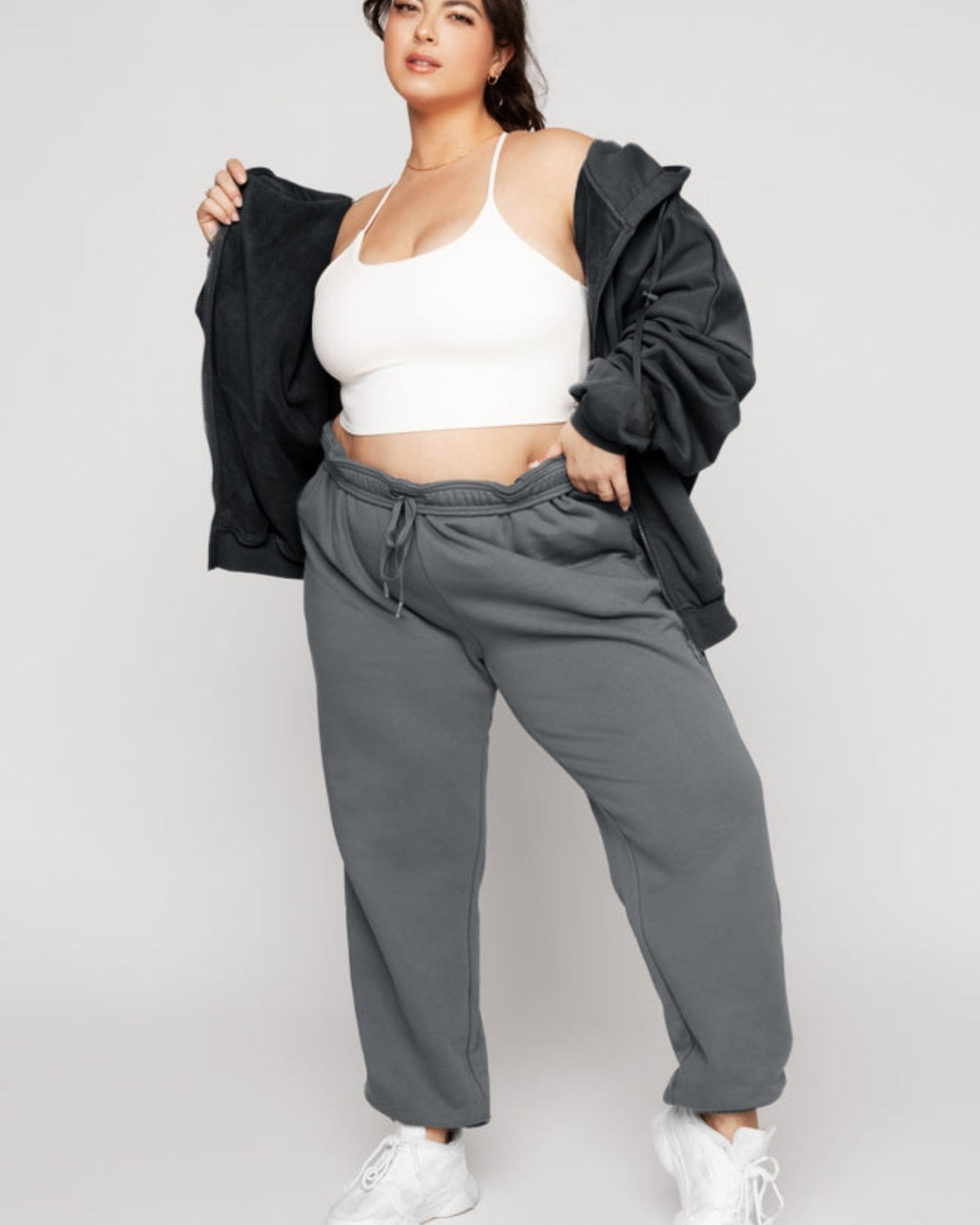 Kadın Füme Kapüşonlu Sweatshirt Fermuarlı 3 İplik Şardonlu Oversize Kesim