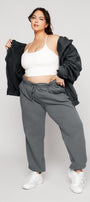 Kadın Füme Kapüşonlu Sweatshirt Fermuarlı 3 İplik Şardonlu Oversize Kesim