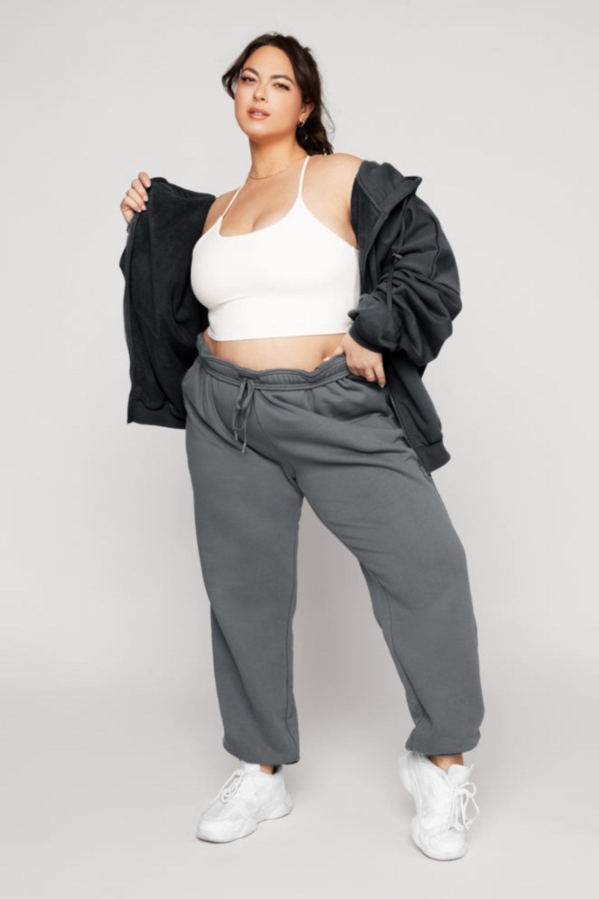 Kadın Füme Kapüşonlu Sweatshirt Fermuarlı 3 İplik Şardonlu Oversize Kesim