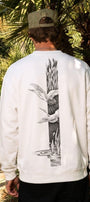 Erkek Oversize Sweatshirt Heron Line Baskılı Beyaz – Bisiklet Yaka, 3 İplik Şardonlu Polar