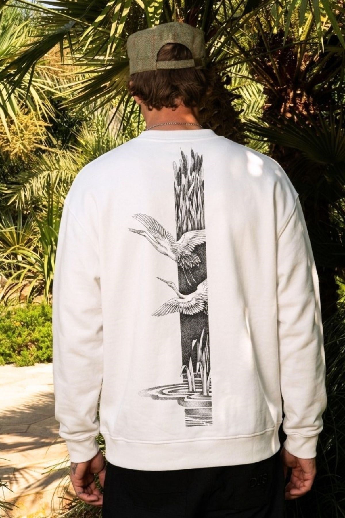 Erkek Oversize Sweatshirt Heron Line Baskılı Beyaz – Bisiklet Yaka, 3 İplik Şardonlu Polar
