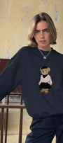 Kadın Oversize Sweatshirt Ballerina Bear Baskılı Lacivert– Bisiklet Yaka, 3 İplik Şardonlu Polar