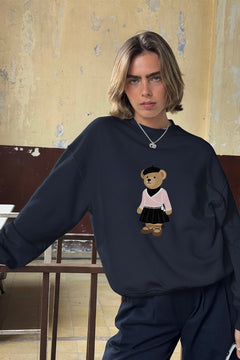 Kadın Oversize Sweatshirt Ballerina Bear Baskılı Lacivert– Bisiklet Yaka, 3 İplik Şardonlu Polar