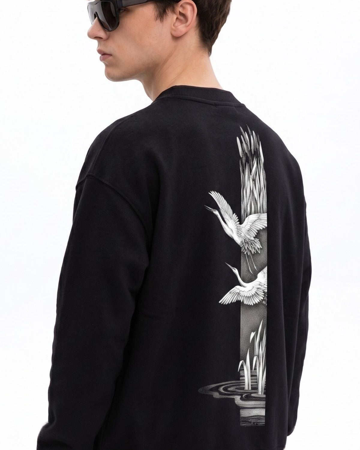 Erkek Oversize Sweatshirt Heron Line Baskılı Siyah – Bisiklet Yaka, 3 İplik Şardonlu Polar
