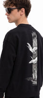 Erkek Oversize Sweatshirt Heron Line Baskılı Siyah – Bisiklet Yaka, 3 İplik Şardonlu Polar