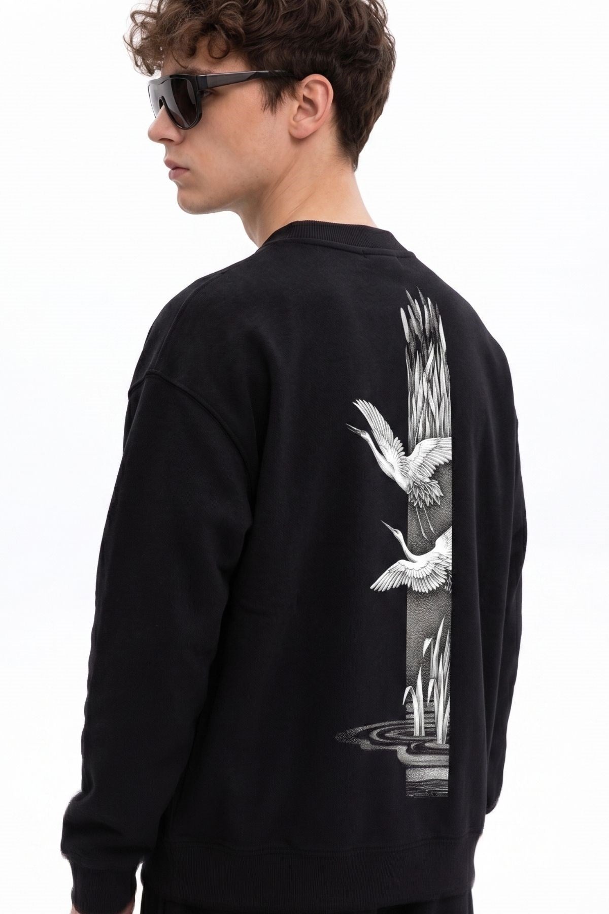 Erkek Oversize Sweatshirt Heron Line Baskılı Siyah – Bisiklet Yaka, 3 İplik Şardonlu Polar