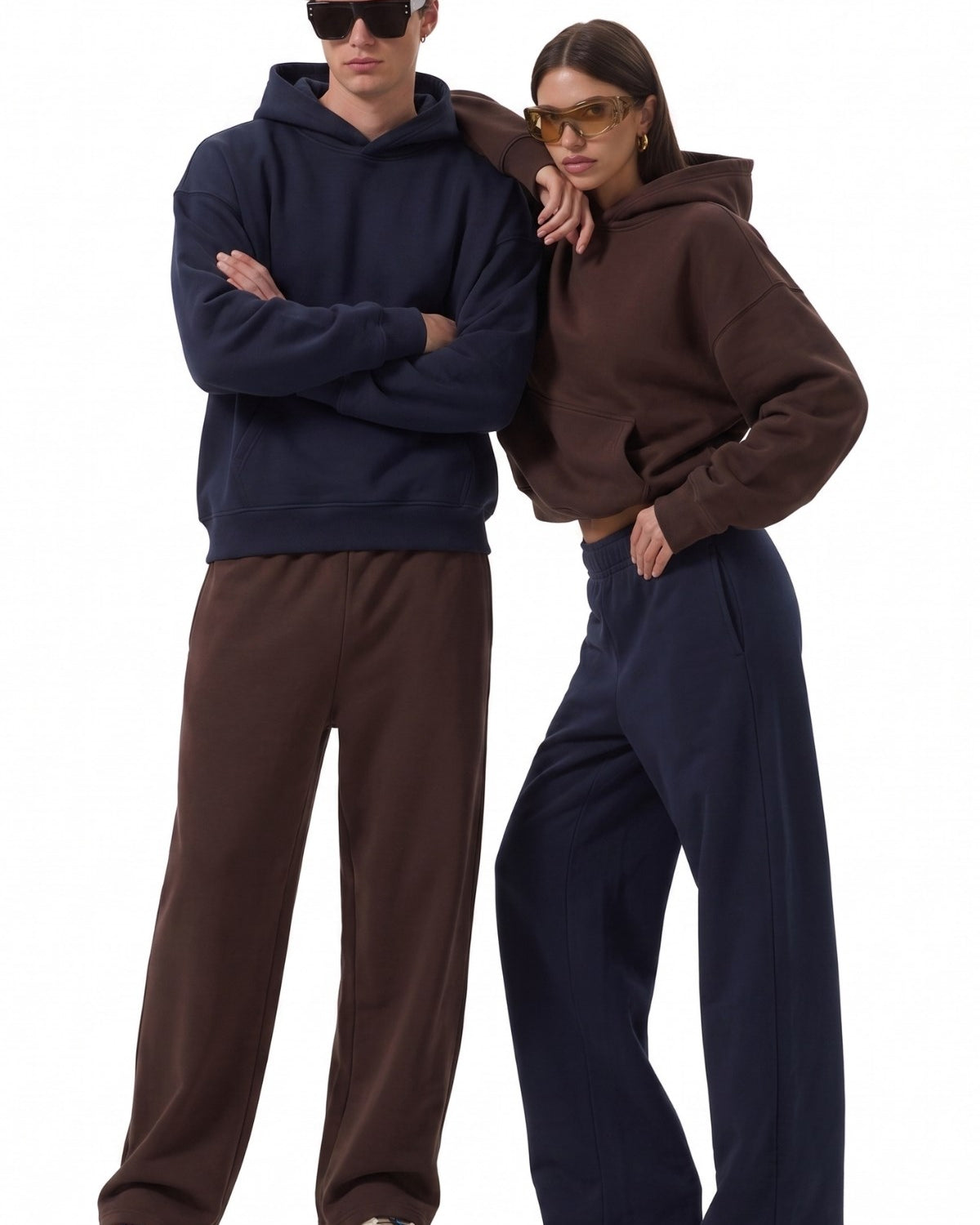 Unisex 2’li Oversize Basic Hoodie Kahverengi & Lacivert – Kapüşonlu, Cepli, 3 İplik Şardonlu Polar