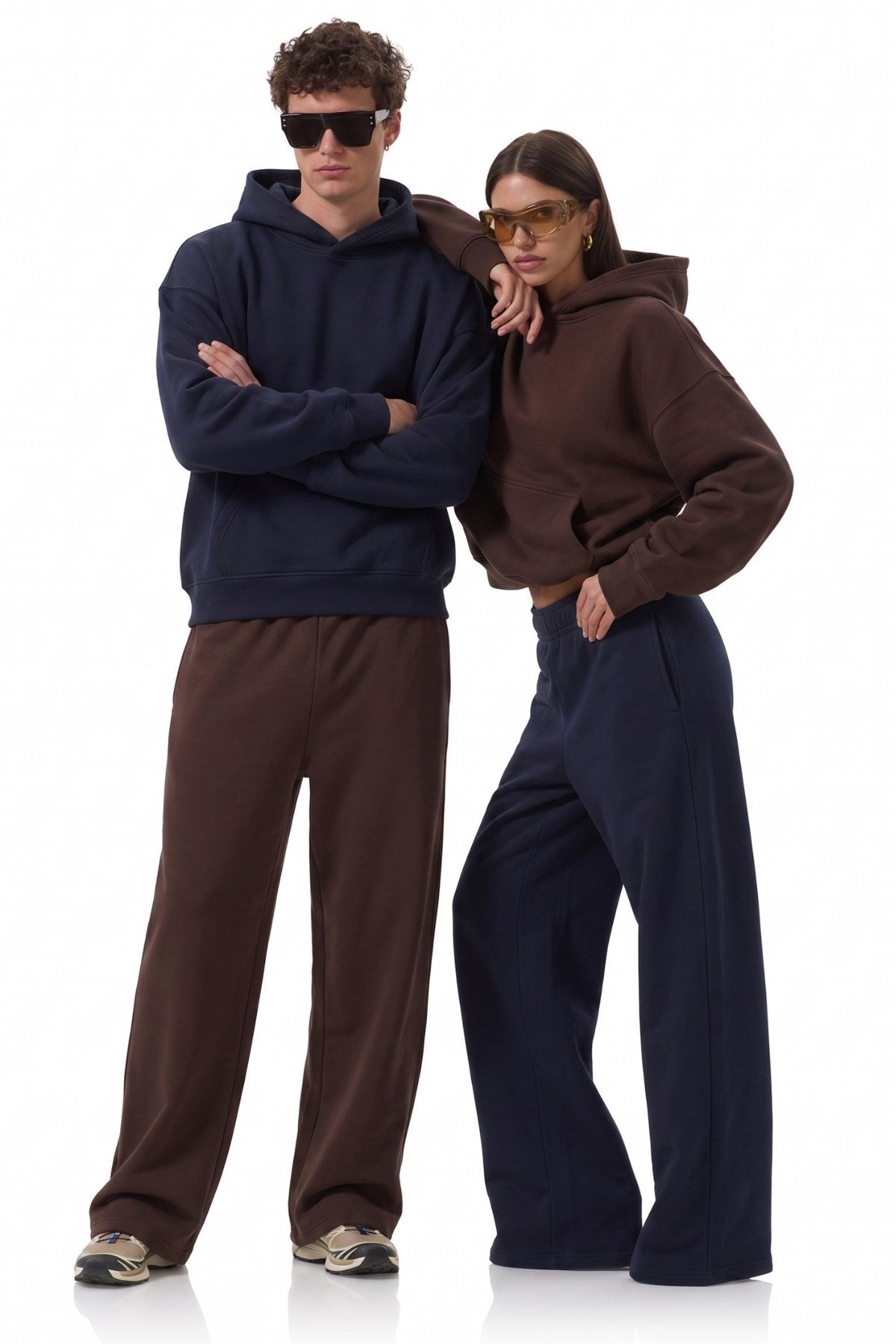 Unisex 2’li Oversize Basic Hoodie Kahverengi & Lacivert – Kapüşonlu, Cepli, 3 İplik Şardonlu Polar