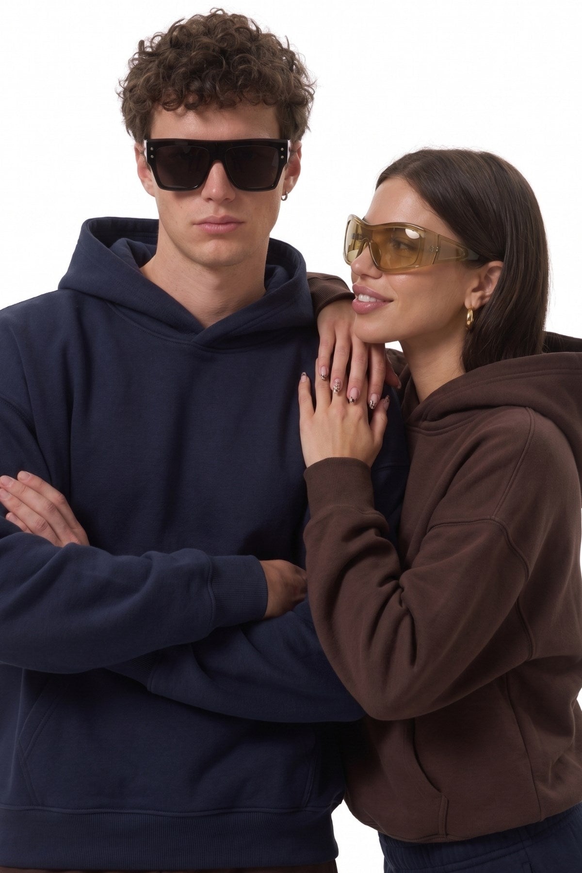Unisex 2’li Oversize Basic Hoodie Kahverengi & Lacivert – Kapüşonlu, Cepli, 3 İplik Şardonlu Polar