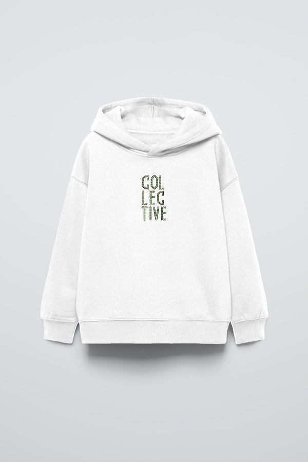 Beyaz Kapüşonlu Collective Yazılı Arka Fly Kn It Yazılı Oversize Çocuk Sweatshirt