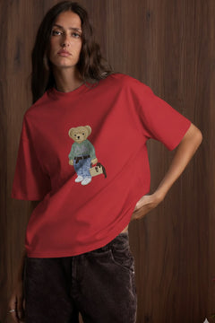 Kadın Oversize Tişört COZY Bear Baskılı Kırmızı – %100 Pamuk Compact Süprem 24/1