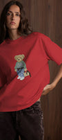 Kadın Oversize Tişört COZY Bear Baskılı Kırmızı – %100 Pamuk Compact Süprem 24/1