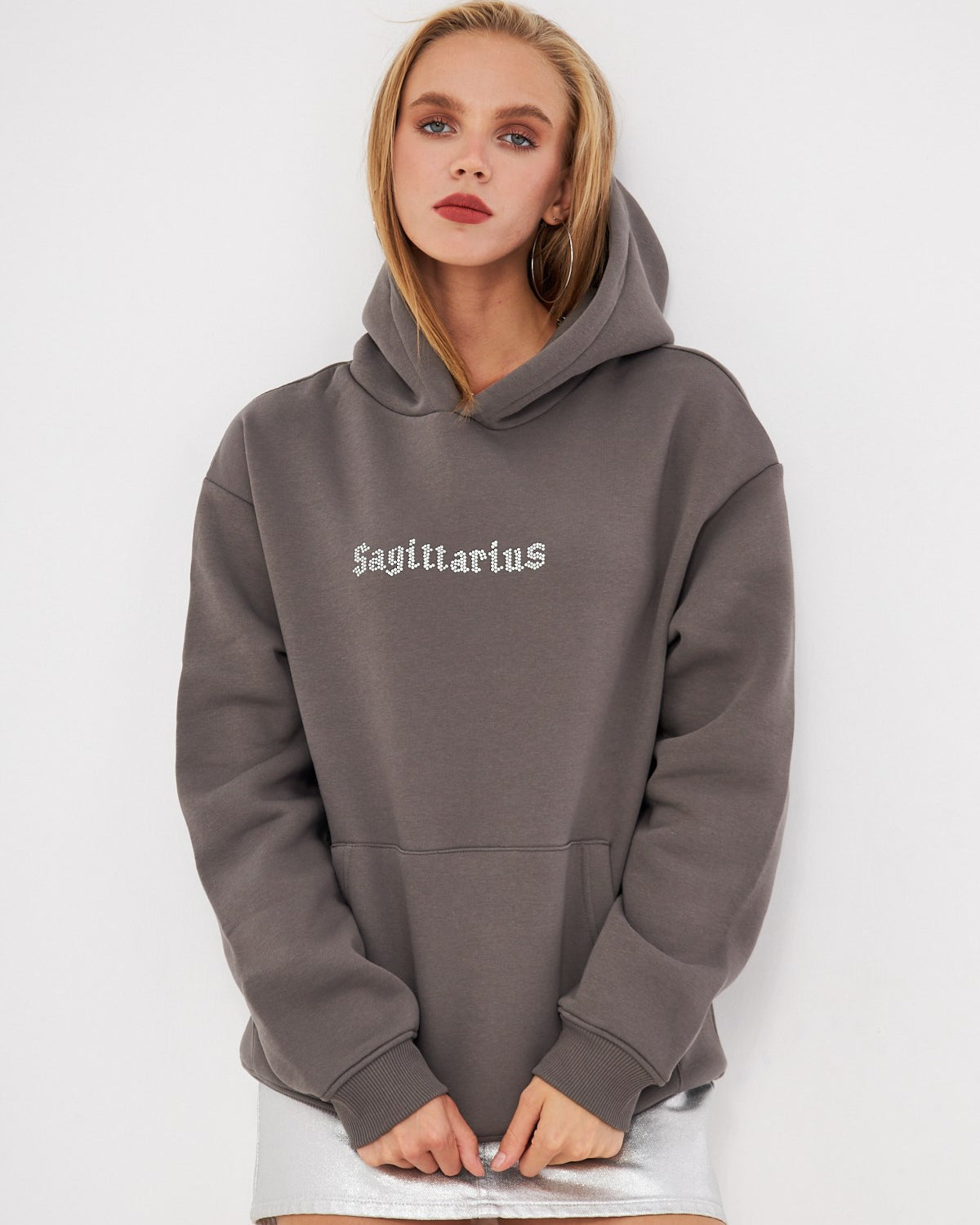 Kapüşonlu İçi Polar Sagittarius Yazılı Taş Baskılı Füme Oversize Hoodie Sweatshirt