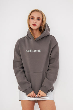 Kapüşonlu İçi Polar Sagittarius Yazılı Taş Baskılı Füme Oversize Hoodie Sweatshirt