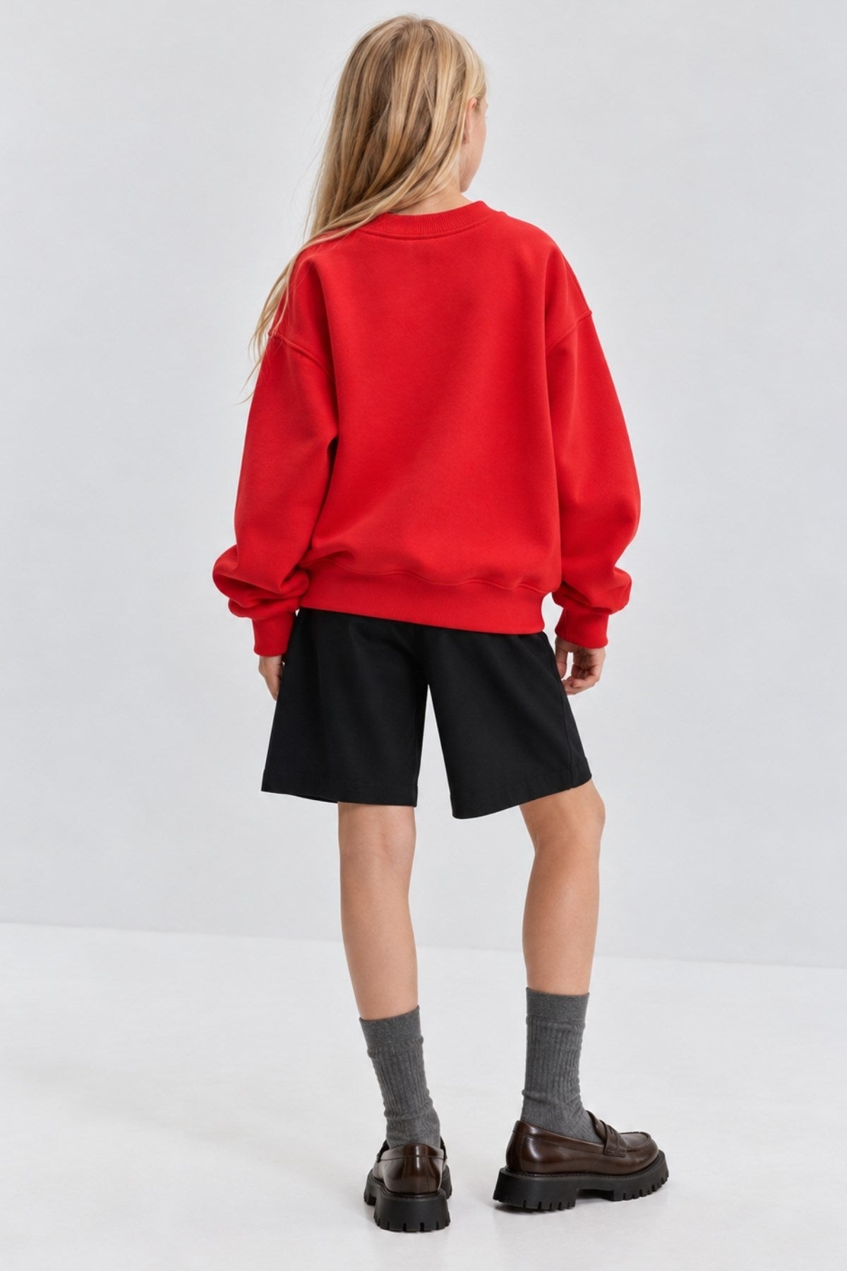 Kız Çocuk Oversize Sweatshirt Basic Kırmzı – Bisiklet yaka, 3 iplik şardonlu polar