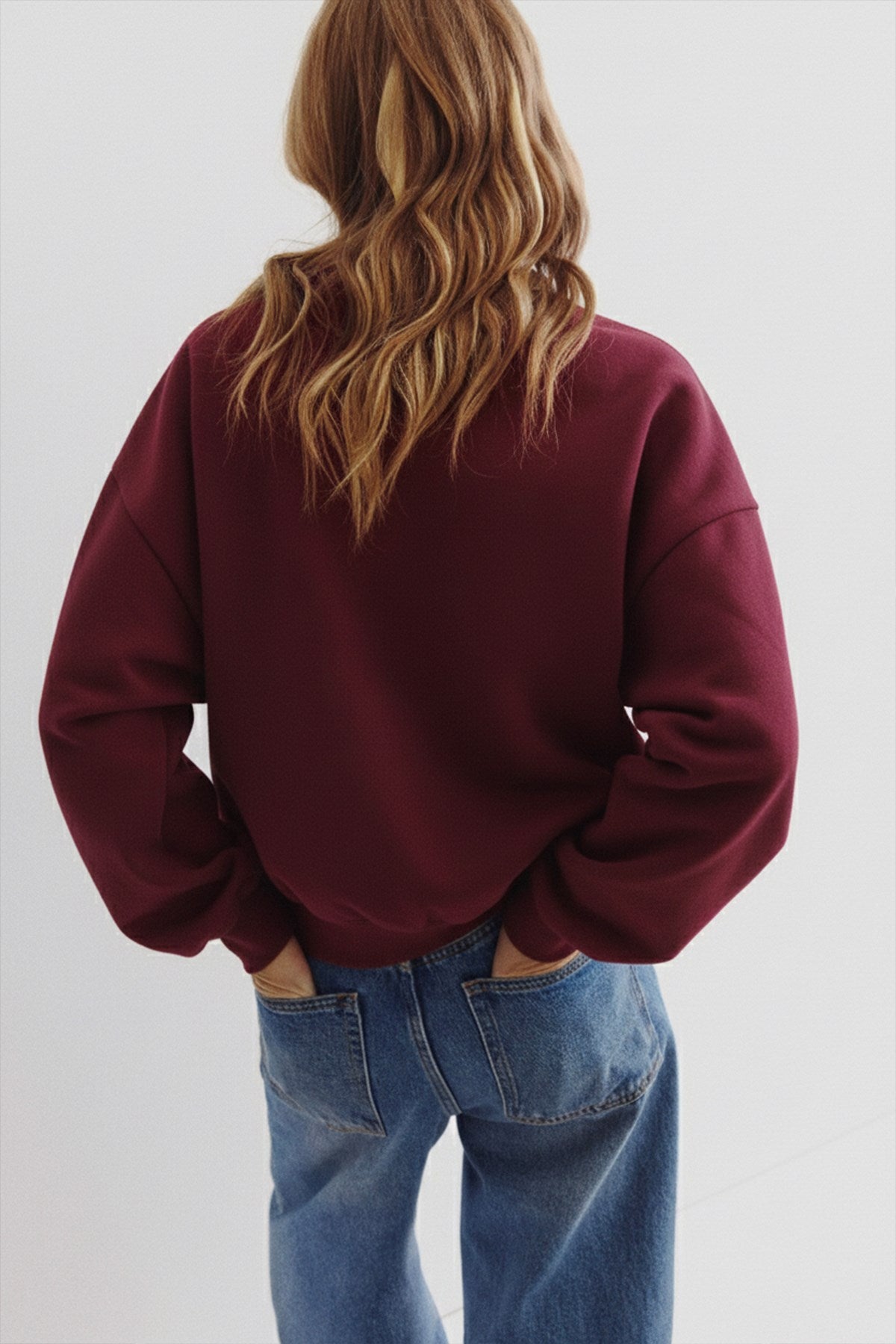 Kadın Oversize Sweatshirt Perles d’Élégance Baskılı Bordo – Bisiklet Yaka, 3 İplik Şardonlu Polar