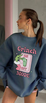 Kadın Oversize Sweatshirt Elbise Grinch Mode Baskılı Marine – Bisiklet Yaka, 3 İplik Şardonlu Polar