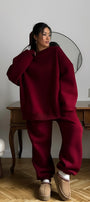 Kadın Oversize Sweat Elbise Eşofman Takımı Basic Bordo – Bisiklet Yaka, Lastikli Paça, 3 İplik Polar