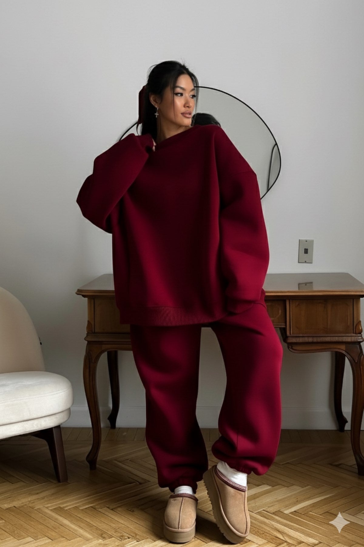 Kadın Oversize Sweat Elbise Eşofman Takımı Basic Bordo – Bisiklet Yaka, Lastikli Paça, 3 İplik Polar