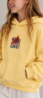 Kız Çocuk Oversize Hoodie Love Mount Baskılı Sarı – Kapüşonlu, Cepli, 3 İplik Polar