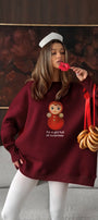 Kadın Oversize Sweatshirt Elbise Matryoshka Girl Baskılı Bordo – Bisiklet Yaka, 3 İplik Polar