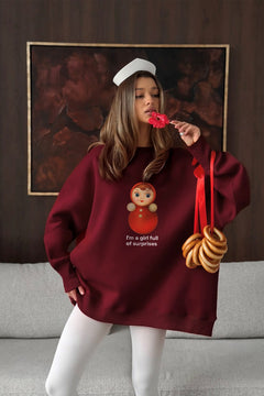 Kadın Oversize Sweatshirt Elbise Matryoshka Girl Baskılı Bordo – Bisiklet Yaka, 3 İplik Polar