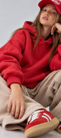 Kız Çocuk Oversize Basic Hoodie Sweatshirt Kırmızı – Kapüşonlu, Kanguru Cepli, 3 İplik Polar