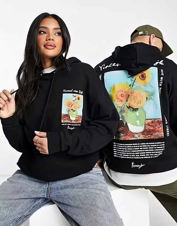 Kapüşonlu İçi Polar Vincent Van Gogh Baskılı Füme Unisex Hoodie Sweatshirt