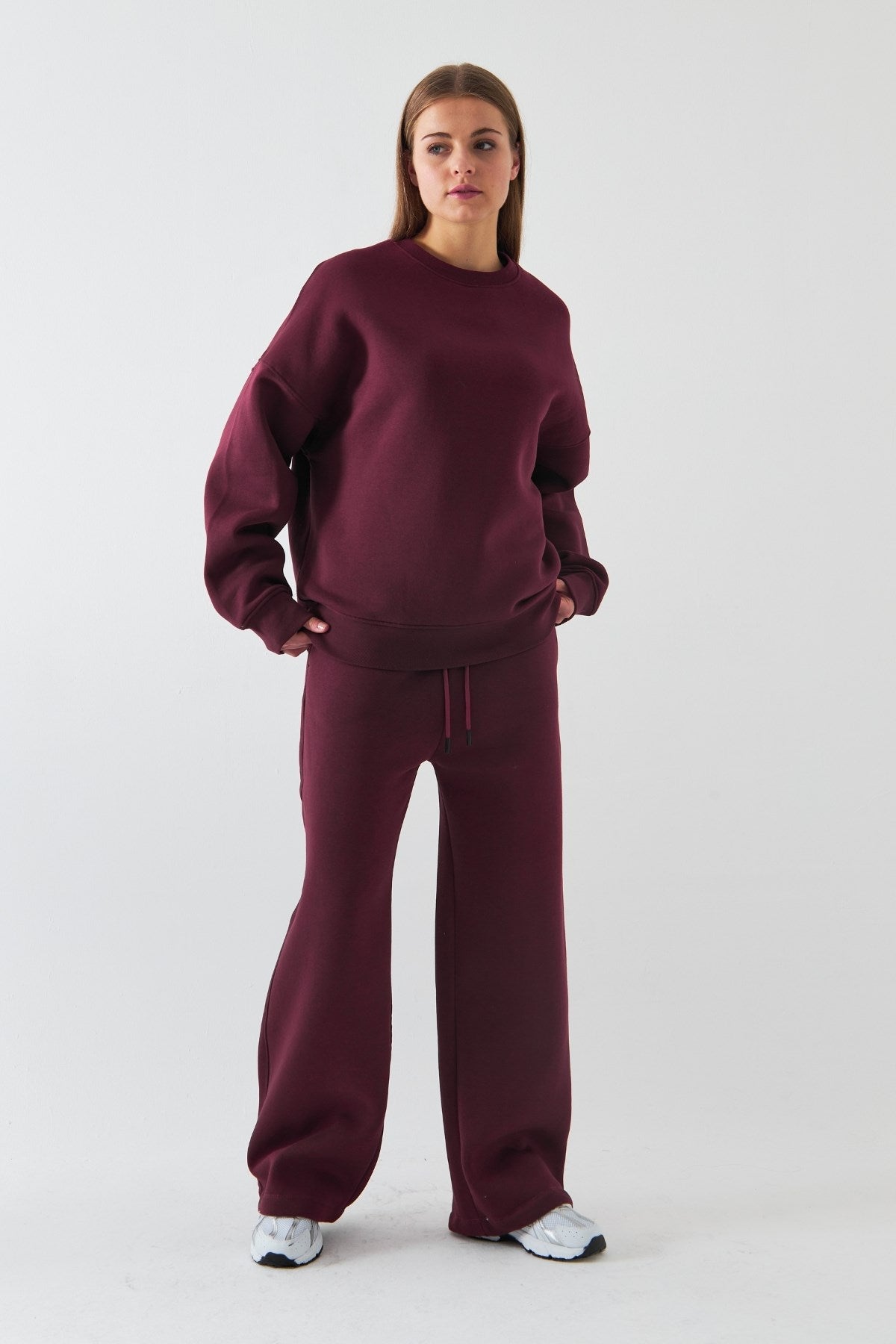Unisex Oversize Eşofman Takımı Basic Bordo – Bisiklet Yaka, Boru Paça, 3 İplik Şardonlu Polar