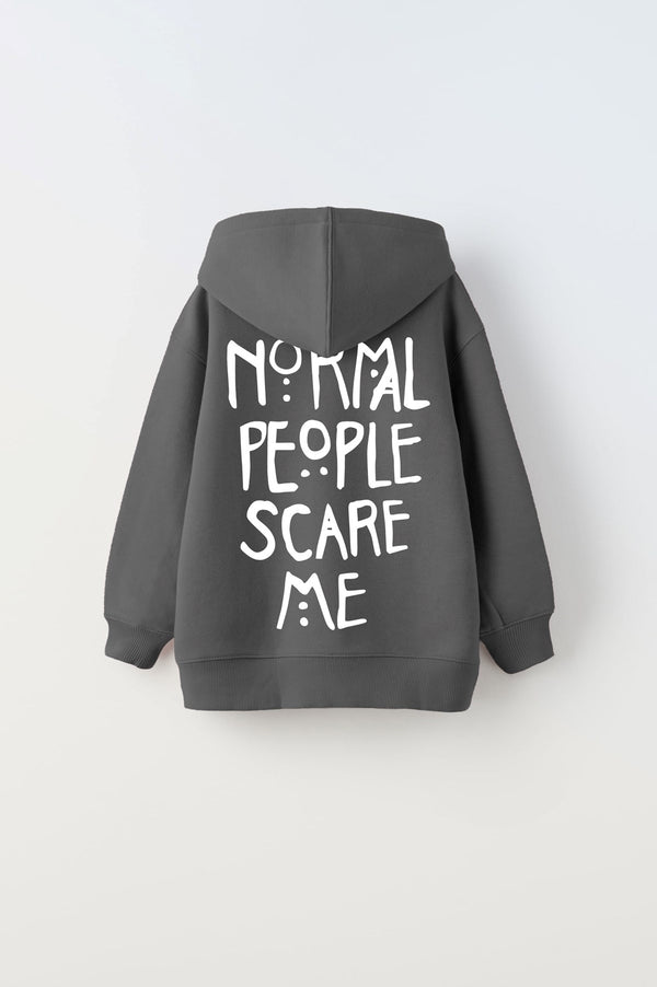 Kapüşonlu İçi Polar Normal People Scare Me Baskılı Füme Unisex Çocuk Hoodie Sweatshirt