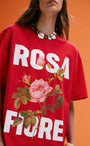 Kadın Beyaz Oversize Rosa Fiore Yazılı Gül Desenli Yazlık Tişört