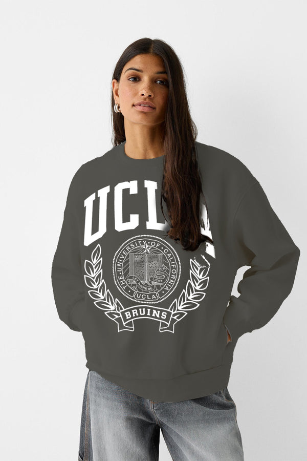 Ucla Yazı Baskılı Bisiklet Yaka İçi Polar Oversize Kesim Unisex Füme Sweatshirt